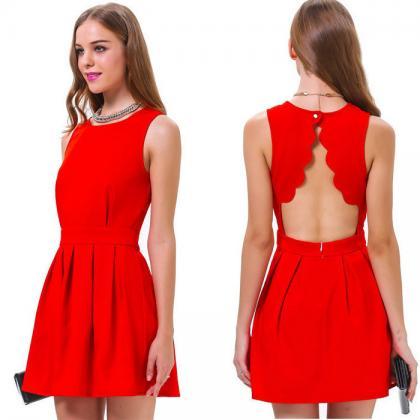 Scalloped Open Back Red Short Party Dress,..