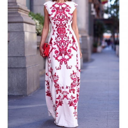 Fashion Round Neck White Printed Chiffon Dress..