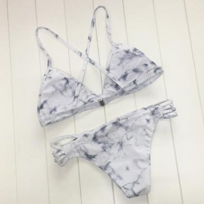 Solid Color White Print Bikini Swimwear Suit..