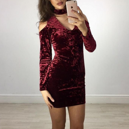 Solid Color Sexy V-neck Long-sleeved Dress 31107