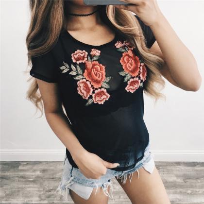Black Floral Embroidered Mesh Crew Neck T-shirt