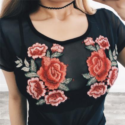 Black Floral Embroidered Mesh Crew Neck T-shirt
