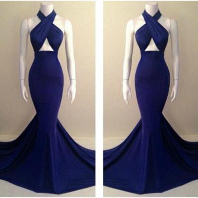 Fabulous Halter Design Royal Blue Long Mermaid Dress VC40802MN
