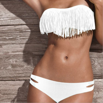 Two- Piece Strapless Bandeau Bikini with Fringe Top