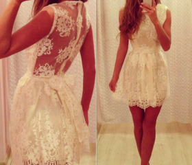 14844 Ecru Back Bow Halter Dress
