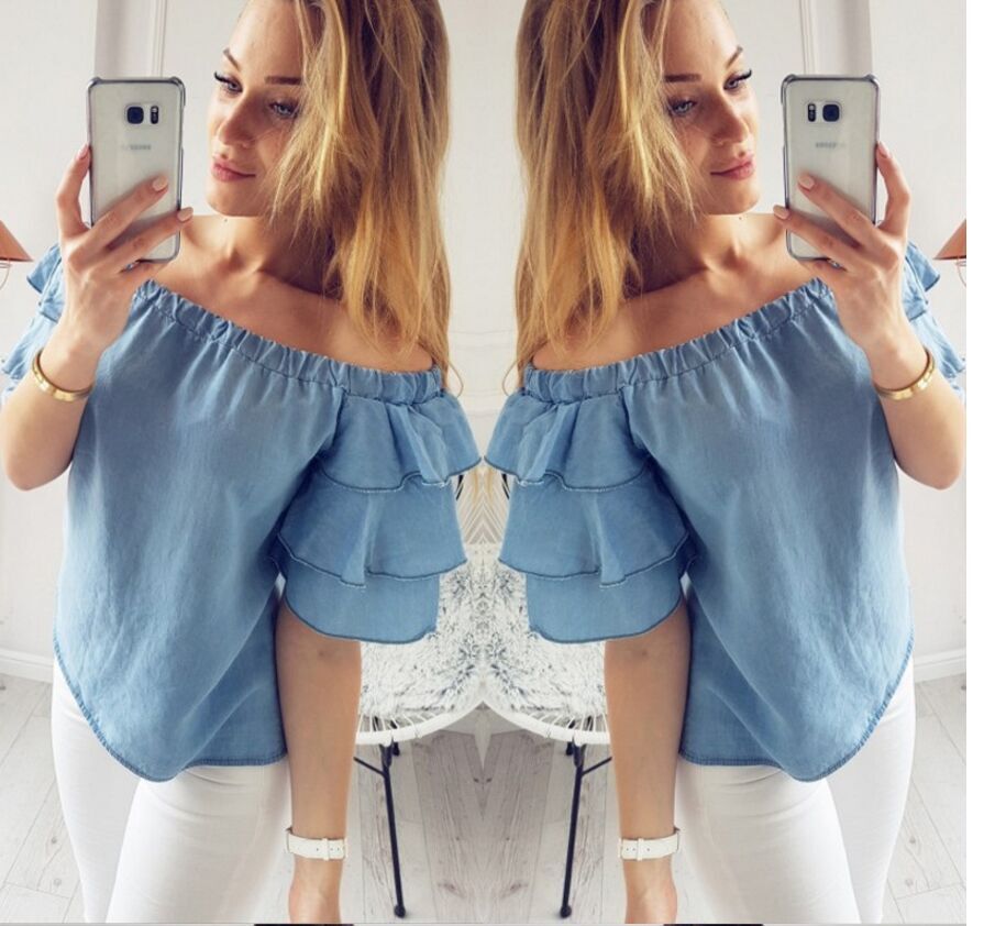 Blue Off-the-shoulder Ruffle-sleeved Top