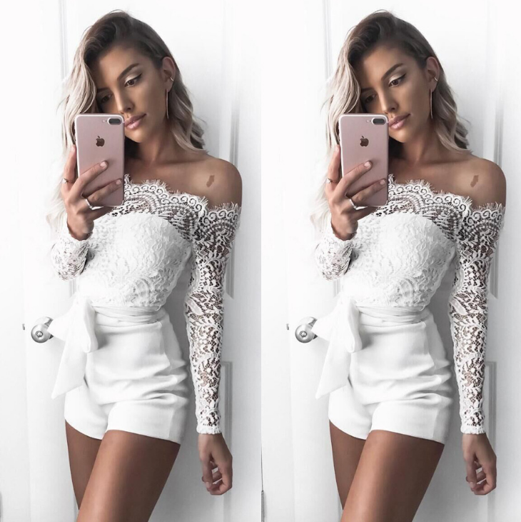 Women's Long-sleeved White Lace Jumpsuits