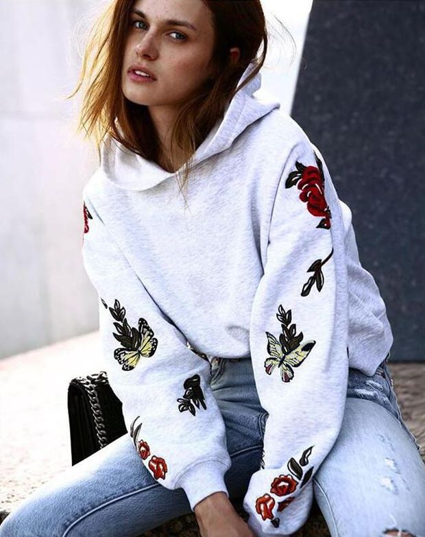 Women Casual Fashion Flower Butterfly Print Long Sleeve Hooded Sweater Tops