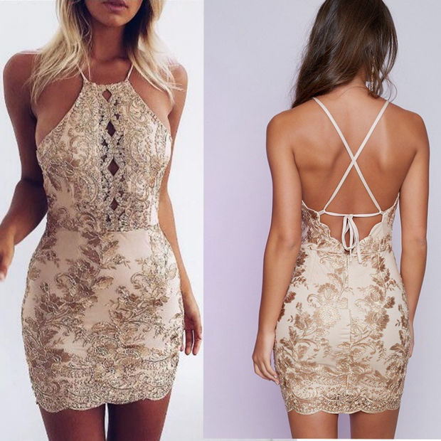 Fashion Hollow Lace Stitching Sleeveless Halter Tight Backless Mini Dress
