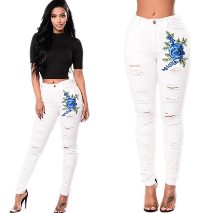 Fashionable Hole Embroidered Stretch White Jeans