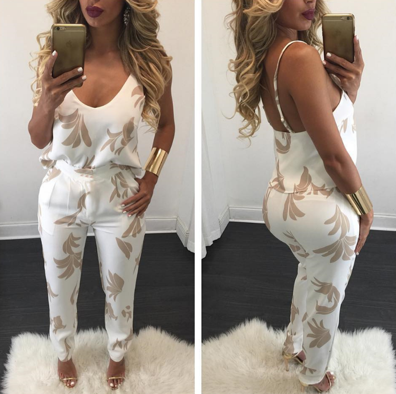Women's Sexy Sling V-neck Printed Two-piece Trousers