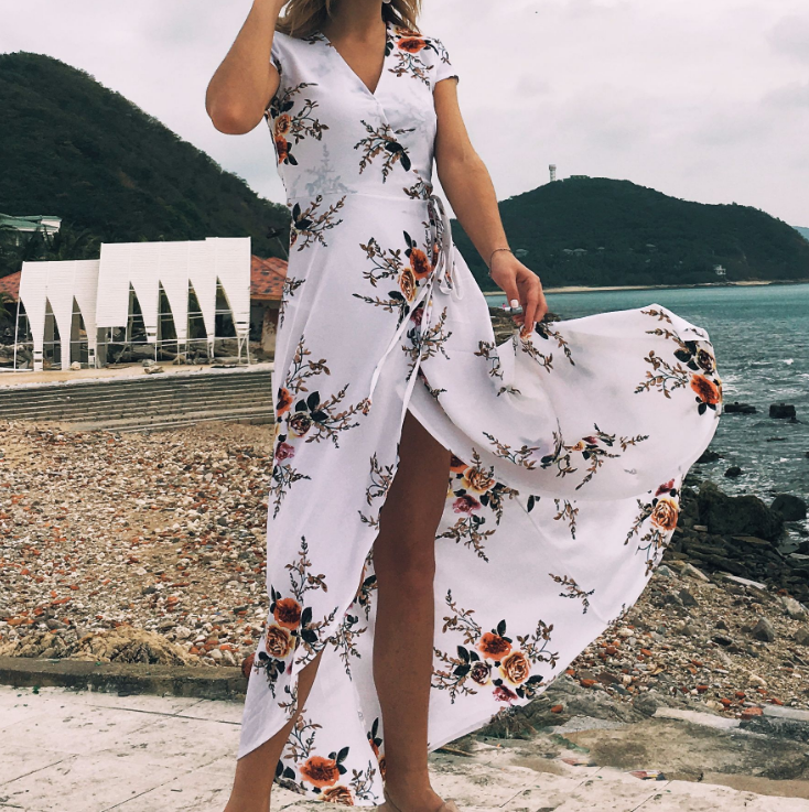 Floral Print Chiffon Plunge V Short Sleeves Wrap Floor Length A-line Maxi Dress Featuring Slit