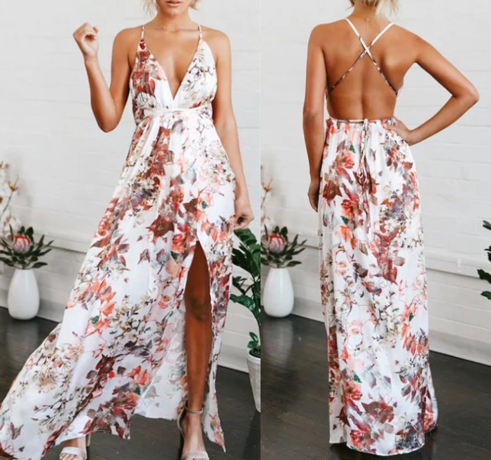 Floral Print Plunge V Spaghetti Straps Floor Length A-line Prom Dress Featuring Criss-cross Open Back
