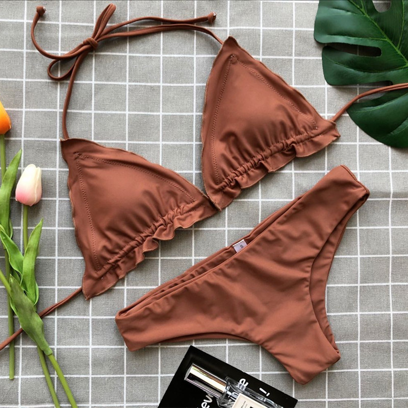 2018 Solid Color Flounced Split Bikini Swimsuit