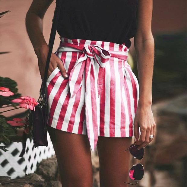 Red And White Stripes High Rise Shorts Featuring Bow Accent Tie Belt