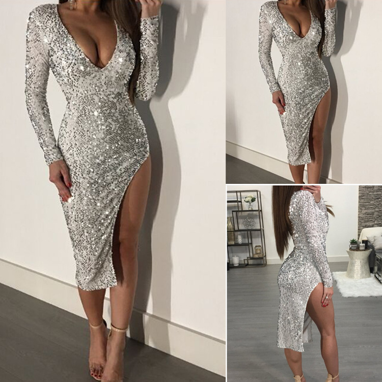 Sexy V-neck Sequined Long Sleeve Dress
