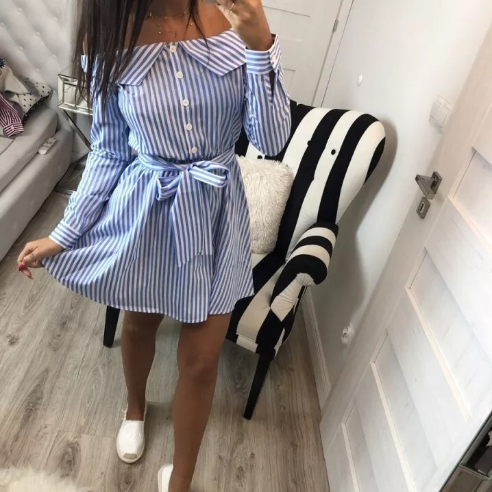 Sexy Striped One-shoulder Bow Long-sleeved Dress