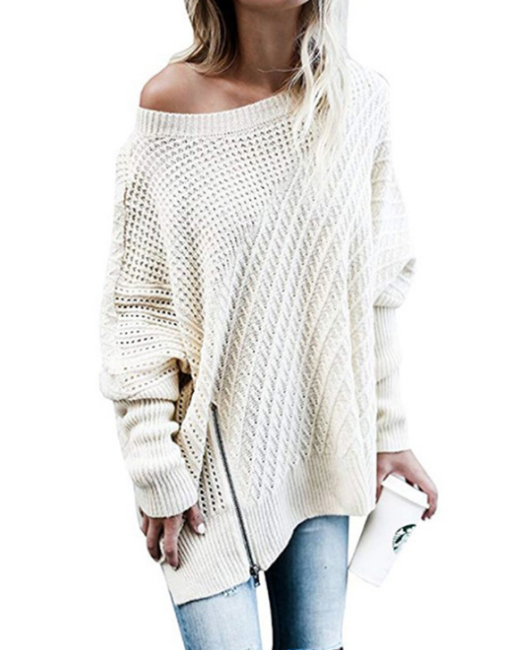 Fashion Zipper Bat Sleeves Off-the-shoulder Knit Sweater