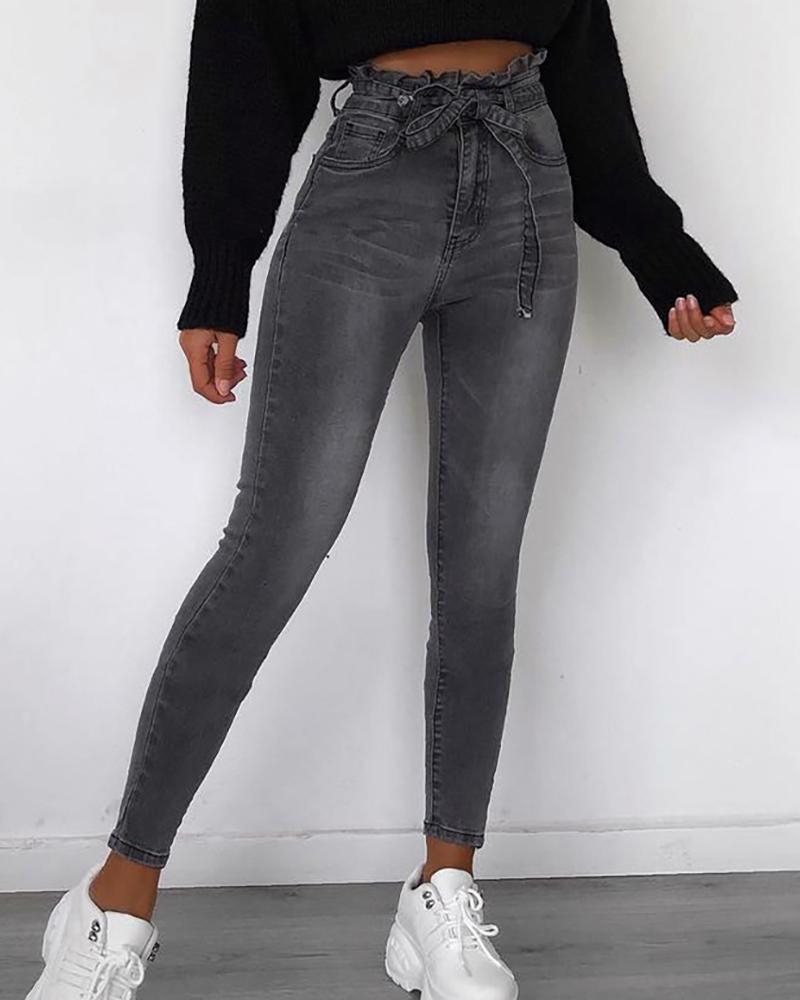 Casual Solid Color Fashion Paperbag High Waist Jeans
