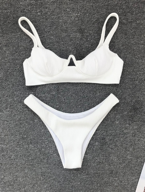 White Split Sexy Solid Color Bikini Swimsuit Set