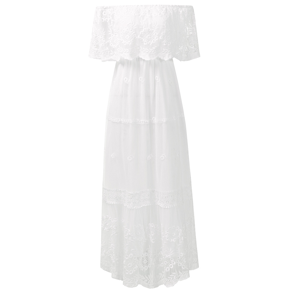 Elegant White High Waist Open Back One-shoulder Lace Dress