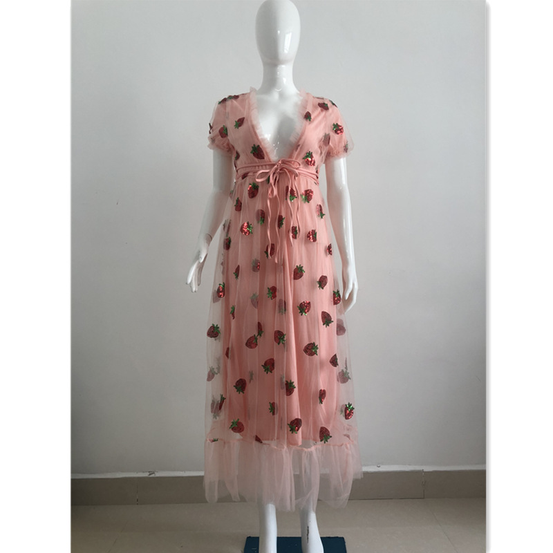 V-neck Short Sleeve Women's High Waist Strawberry Dress
