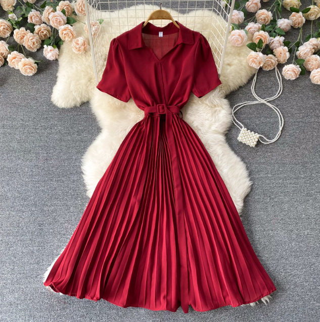 Solid Color Temperament High Waist Chiffon Dress