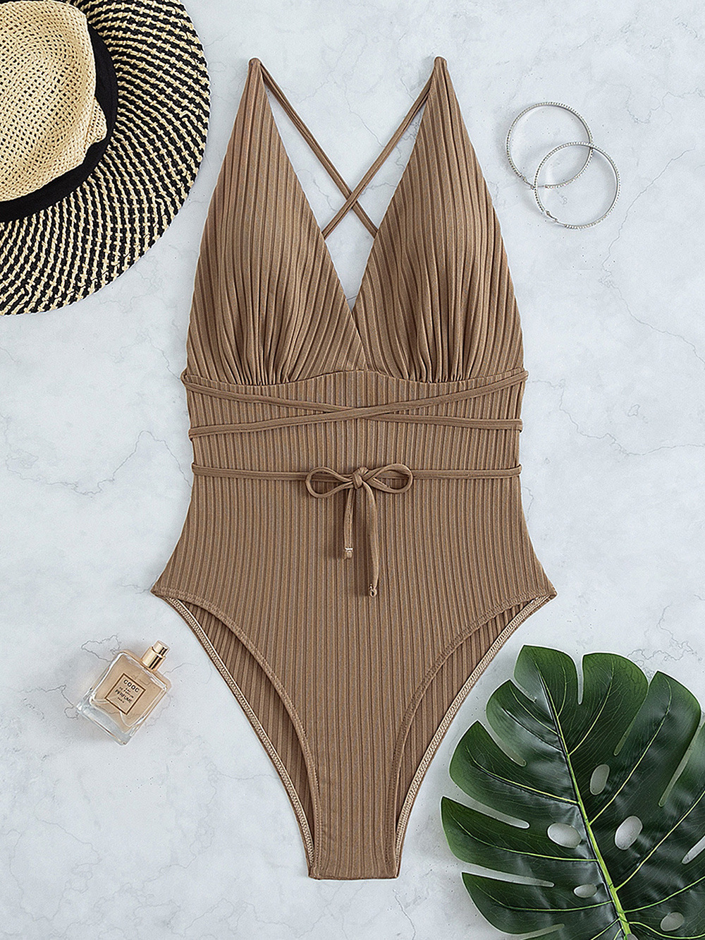 Sexy Deep V-neck Solid Color One Piece Bikini Swimsuit