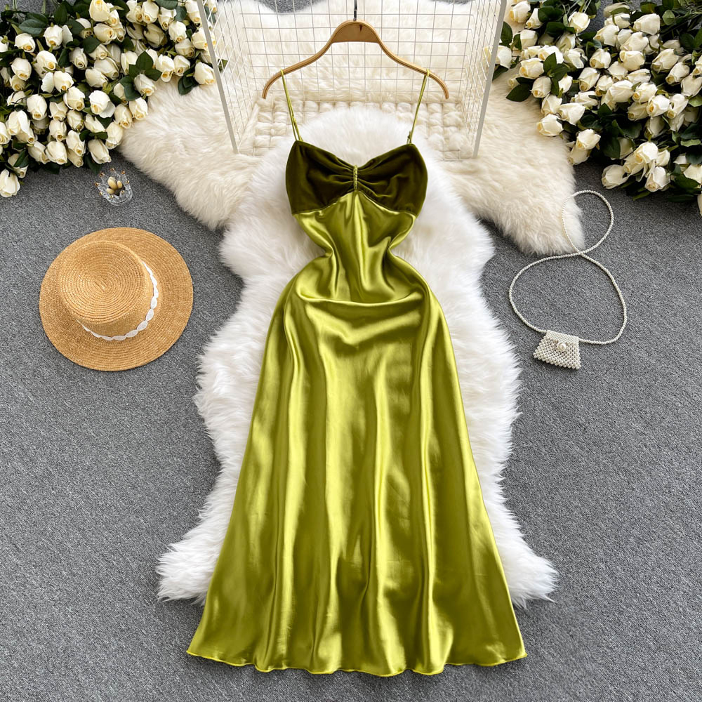 Solid Color Elegant Temperament Off-the-shoulder Sling High Waist Dress
