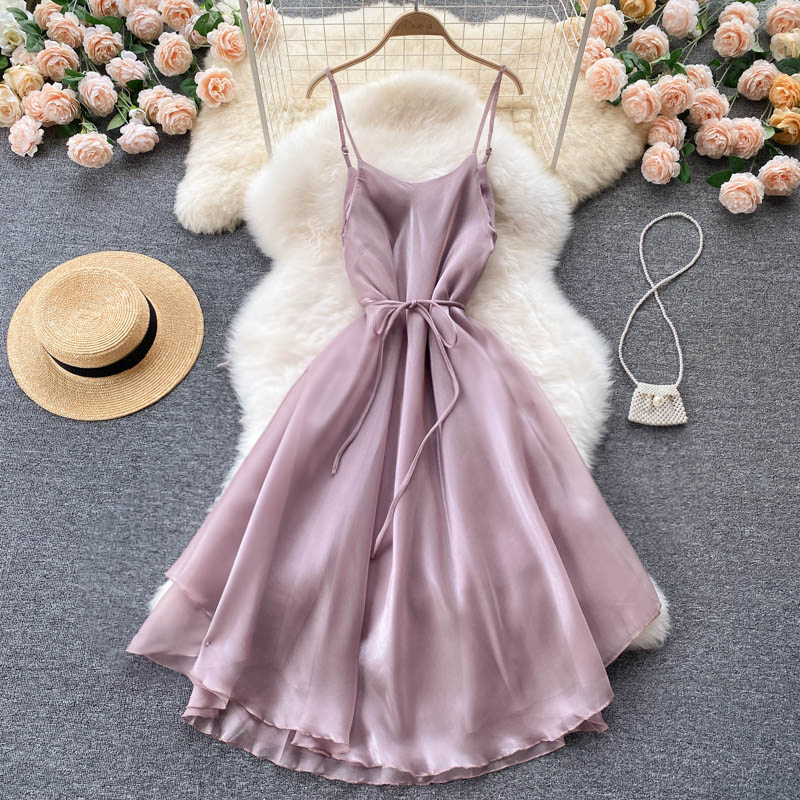 Sweet Solid Color Sling High Waist Sleeveless Dress