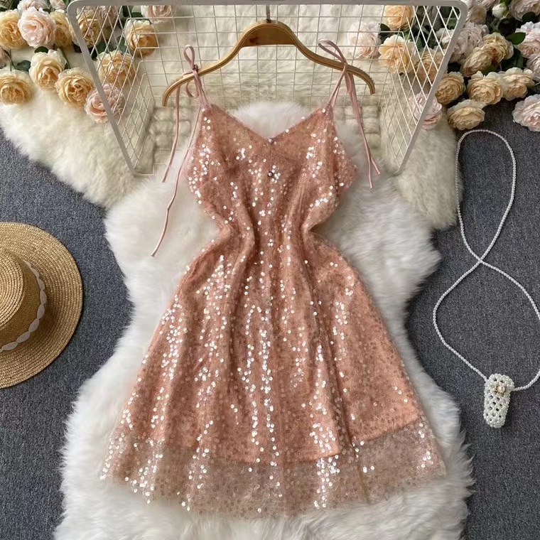 Sweet Sequins Sparkle V-neck Sling Sleeveless Dress