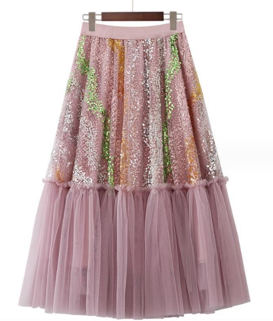Fashion High Waisted Floral Sequin Embroidered Skirt
