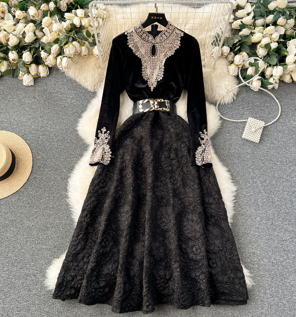Vintage Velvet Lace Patchwork Jacquard Dress