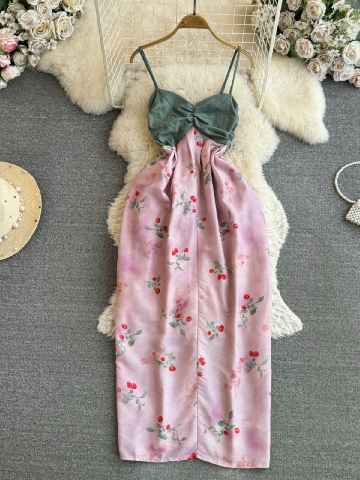 Suspender Waist Slimming Mid-length Slit Printed Dress