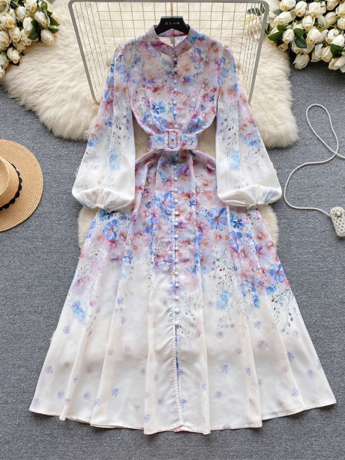 Elegant Stand Collar Buttoned Slim Long Printed Holiday Dress