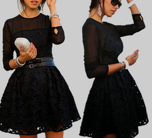 Black Lace Flowers Embroidered Dress We12717op