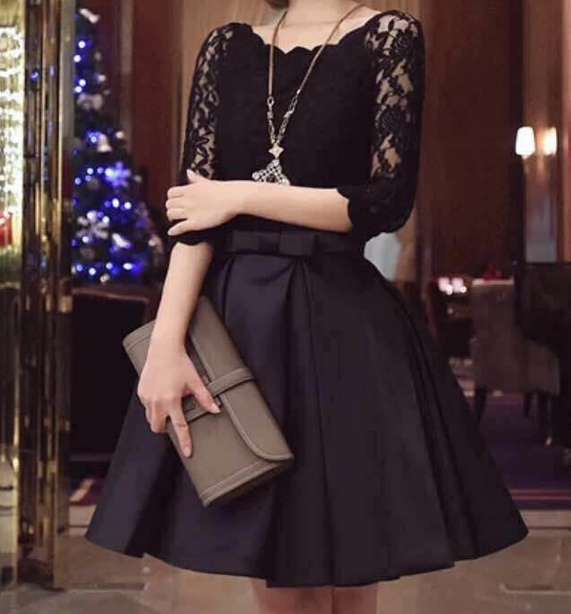 Slim Bow Stitching Lace Dress Vc31208mn on Luulla