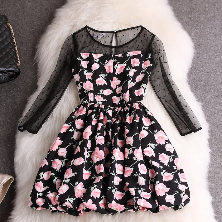 Embroidery Net Yarn Splicing Pleated Long Sleeve Summer Romper Playsuit Dress