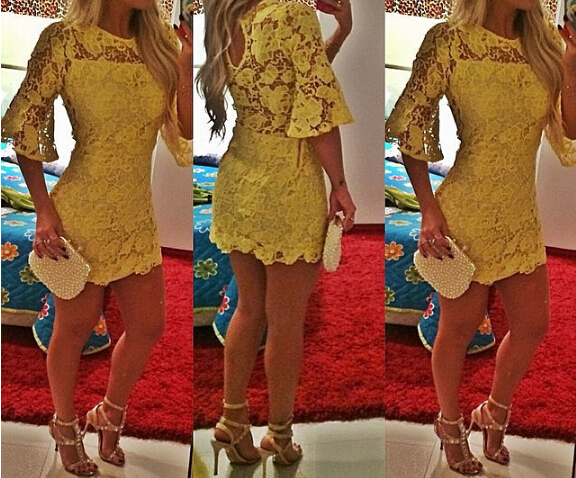 Sexy Yellow Stitching Lace Dress Vc33019mn