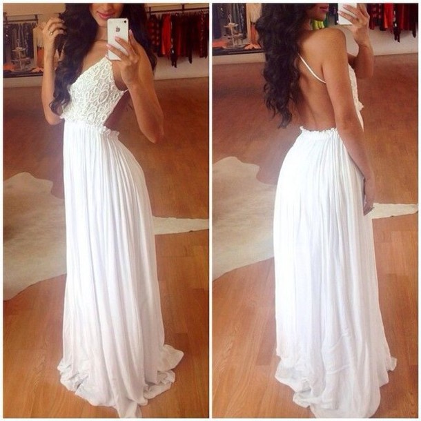 Gorgeous White Lace And Chiffon Backless Dress Bvc40414mn