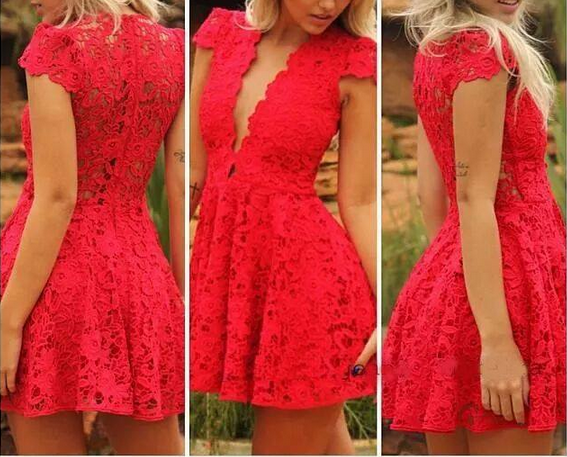 Beautiful V Neck Red Lace Dress Vc40508mn