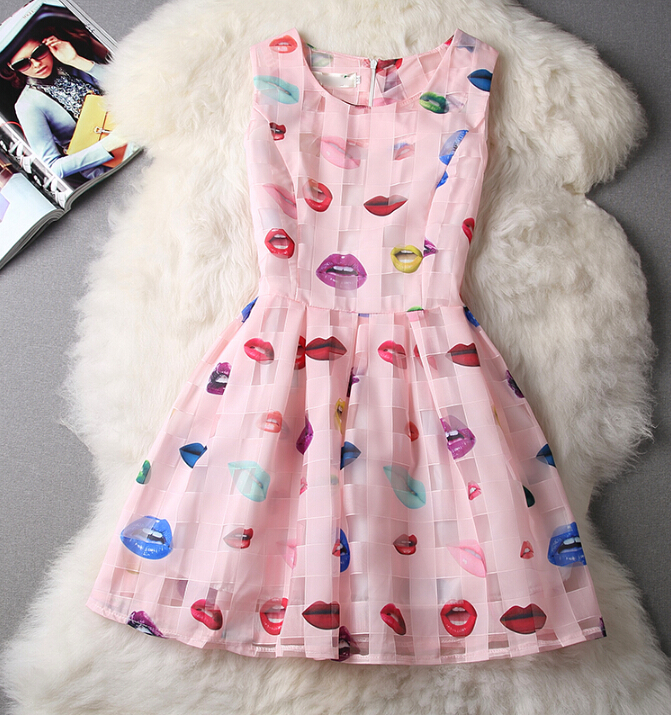 Slim Cute Sleeveless Vest Printed Organza Dress Vc40908mn