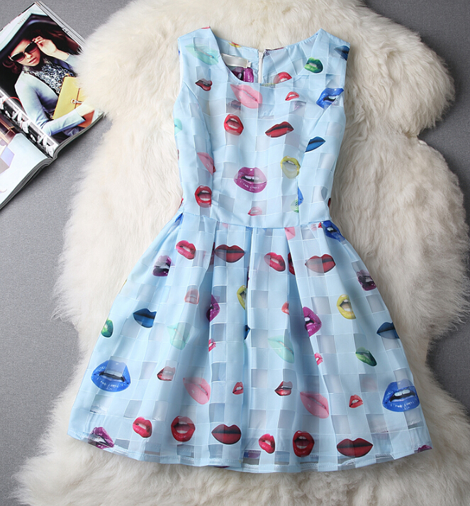 Slim Cute Sleeveless Vest Printed Organza Dress VC40908MN on Luulla