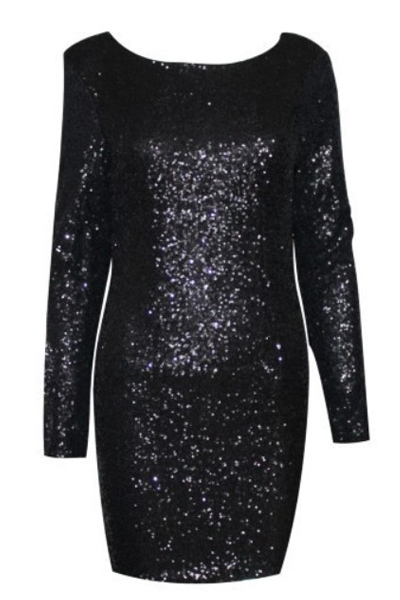 Sexy O Neck Long Sleeve Backless Sequined Black Polyester Sheath Mini ...