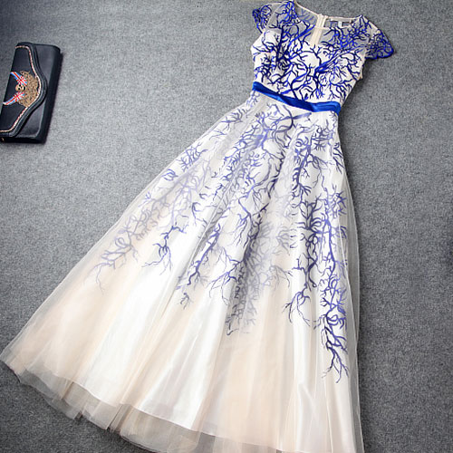 High Waist Embroidery Evening Dress Layered Ruffled Skirt Vg41704mn