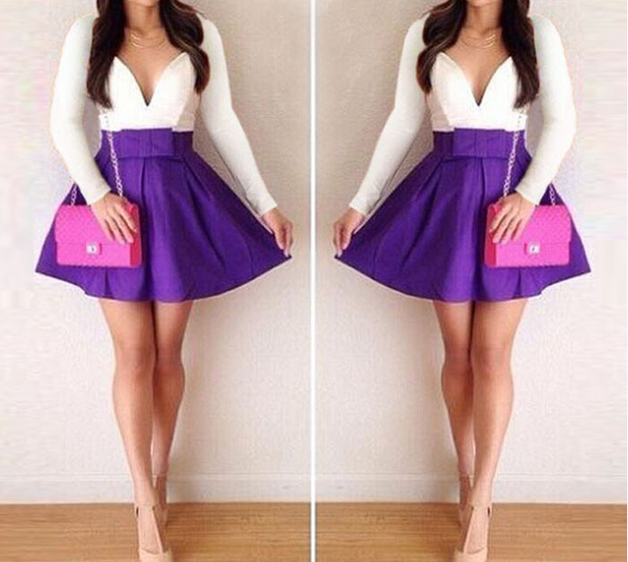 Sexy Low-cut Mini Long Sleeve Skirt Dress Vg41923mn