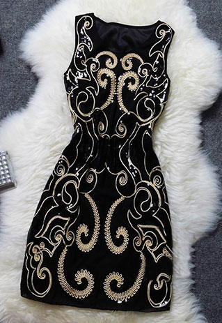 Noble Vintage Sequin Floral Embroidered Sleeveless Party Dress [vg42205]