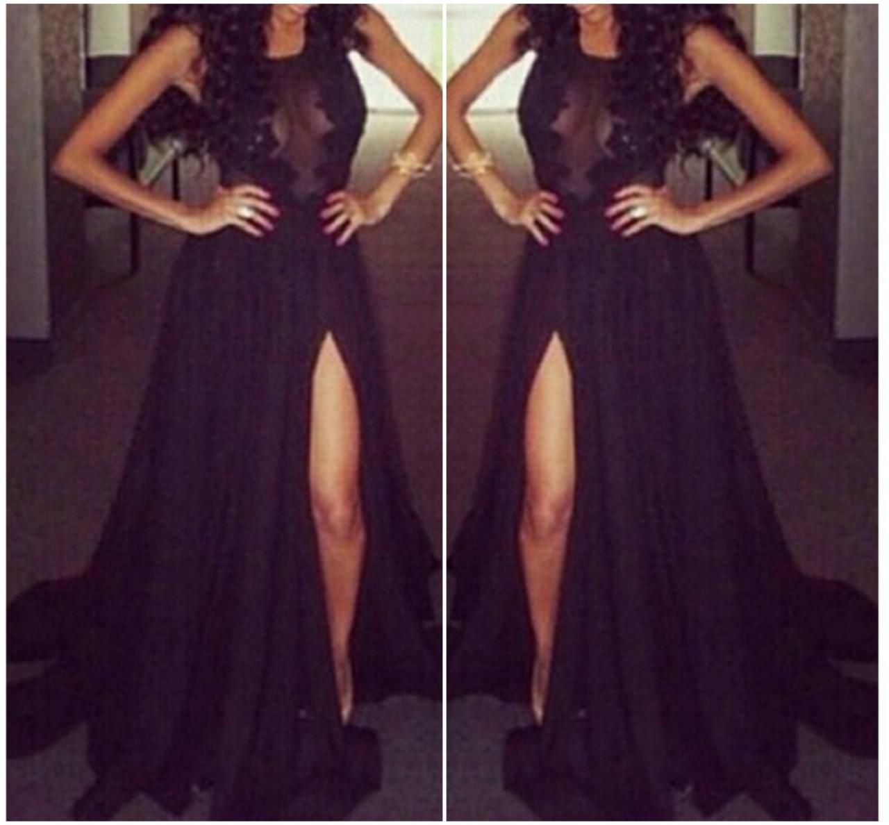 Elegant Black Lace And Chiffon Long Dress Vg42216mn