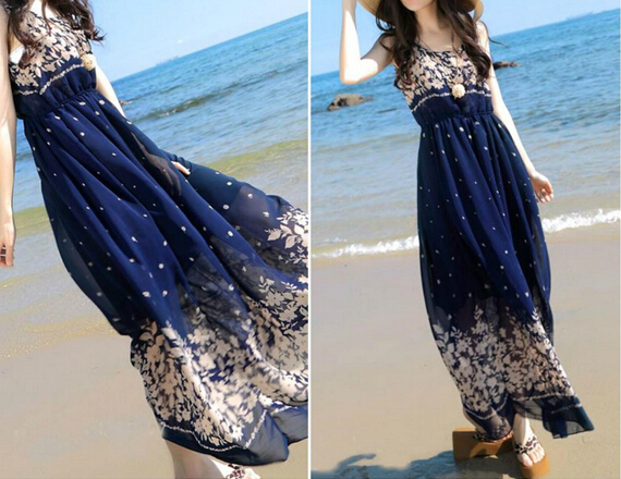 Dark Blue Bohemian Chiffon Floral Maxi Dress Vg42324mn On Luulla