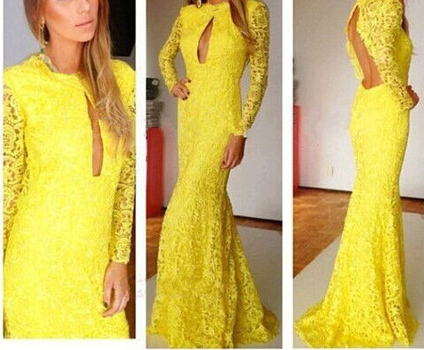 Sexy O Neck Long Sleeves Backless Front Open-work Yellow Lace Straight Floor Length Dress Vg42416mn